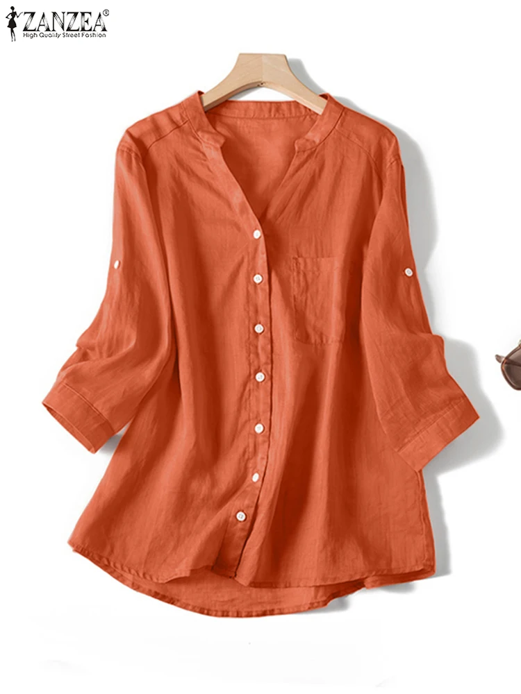 

ZANZEA Fashion Summer Blouse Women Causal Solid Shirt 3/4 Sleeve Oversize Tunic Tops Female Buttons Down Blusas Oversize Chemise