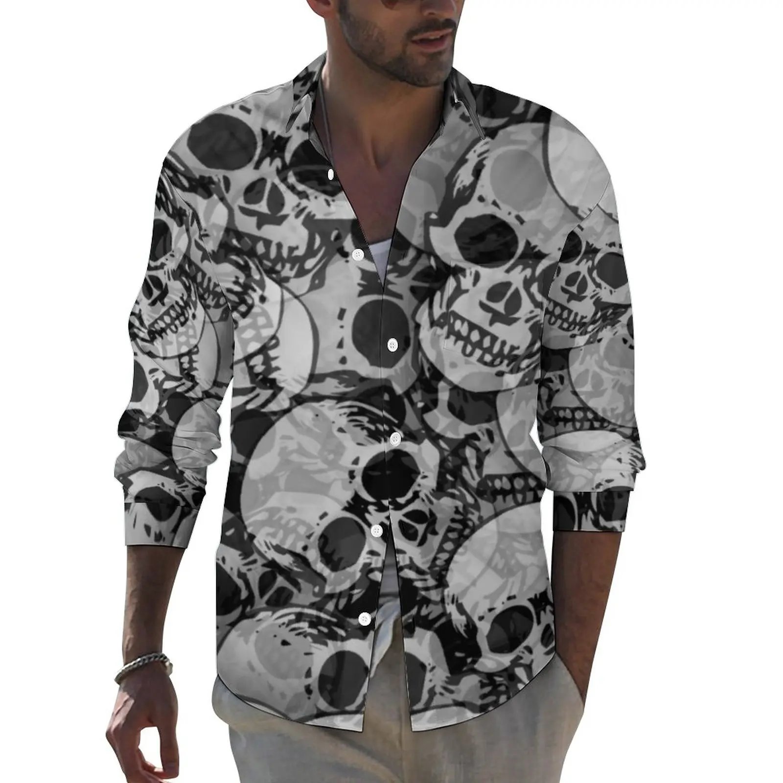 

Spooky Halloween Ghost Street Casual Shirt Mens Skulls Print Shirt Autumn Vintage Blouses Long Sleeve Graphic Oversized Clothes