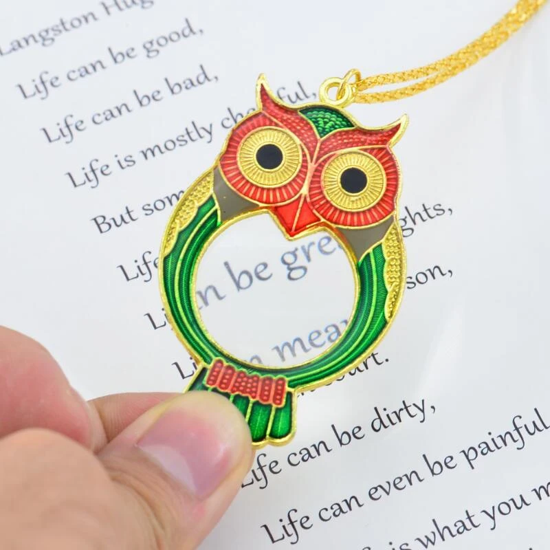 

10X Owl Pendant Necklace Magnifier Mini Portable Magnifying Glass Gold Plated Chain Necklace Magnifier Reading Magnifier Tools