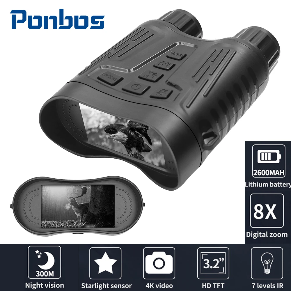 Ponbos NV2180 4K 1080P Charging Binoculars Telescope 8X Zoom 300M Infrared Night Vision for Hunting Camping Video Recording