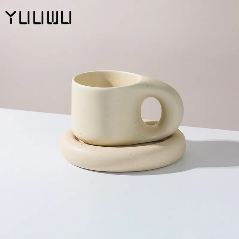 

300ml Creative Handmade Fat Handle Mug Ceramic Espresso Mugs Coffee Cups Drinkware for Tea Large Saucer Set Creative Gifts