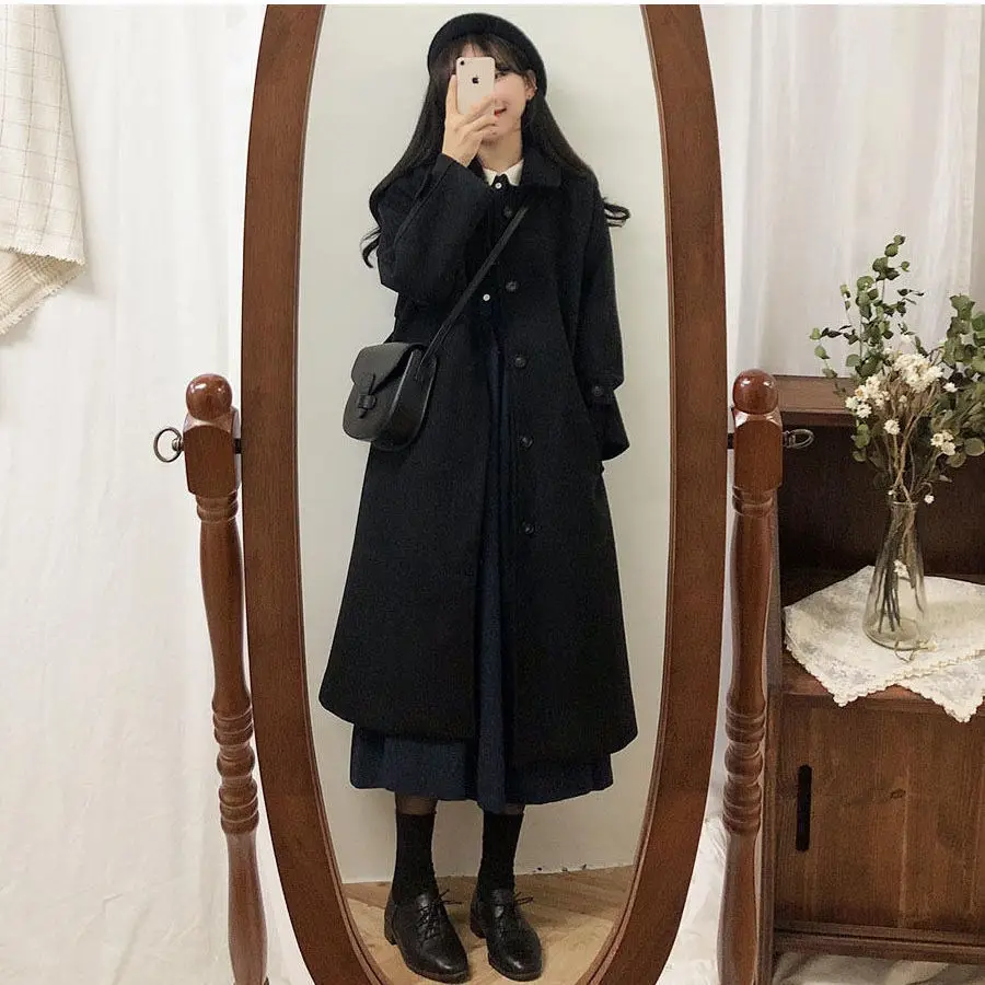 

Women‘s Coat Winter Korean Fashion Long Coated Thickened Woolen Winter Coat for Women Black Coat Harajuku