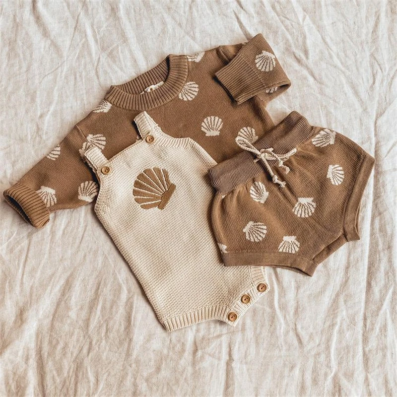 

0-18M Infant Boys Girls Clothes Shell Printed Suspender Button Knitted Bodysuits and Tie-up Short Set Baby Summer Clothing