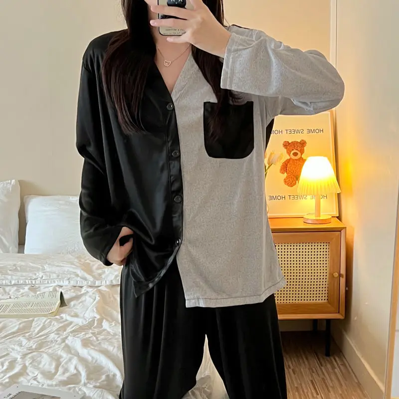 Yasuk Spring Autumn Fashion Women's Casual Soft Milk Silk Sleepwear Homewear Pajamas Set With Pants Splicing Colors Simple Girl