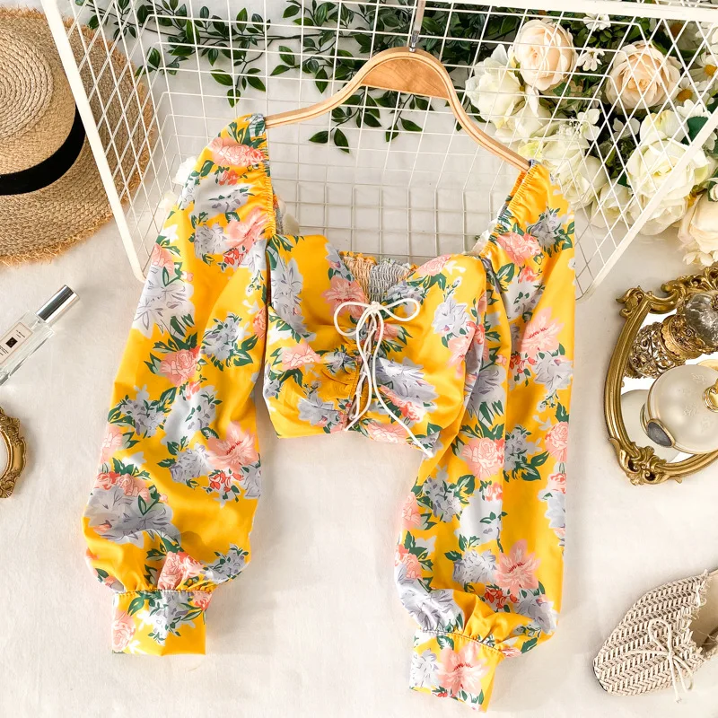 

Korean Fashion Floral Print Crop Tops for Women Summer Long Puff Sleeve Tunic Blouses Beach Boho Square Collar Short Shirts