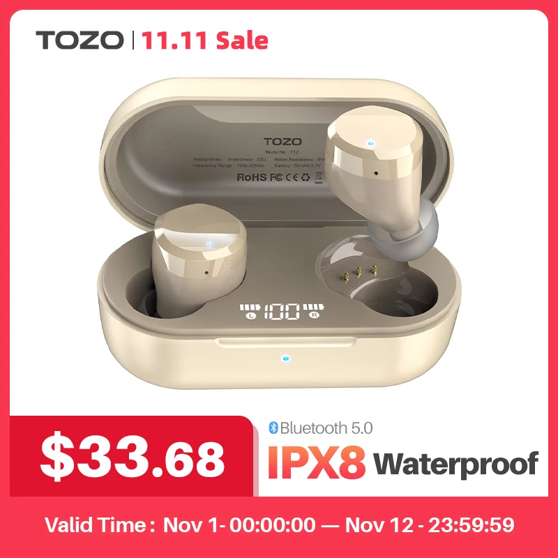 

Wireless Headphones , Bluetooth Earphones , Premium Fidelity Sound Quality Earbuds, In Ear For Sports ,Waterproof,TOZO T12