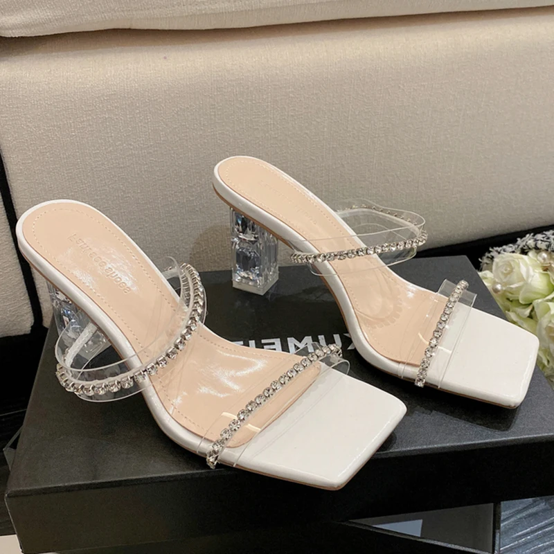 

Стразы, блестящие женские туфли-лодочки, дамские сандалии на высоком каблуке, прозрачные женские повседневные уличные тапочки с квадратным...