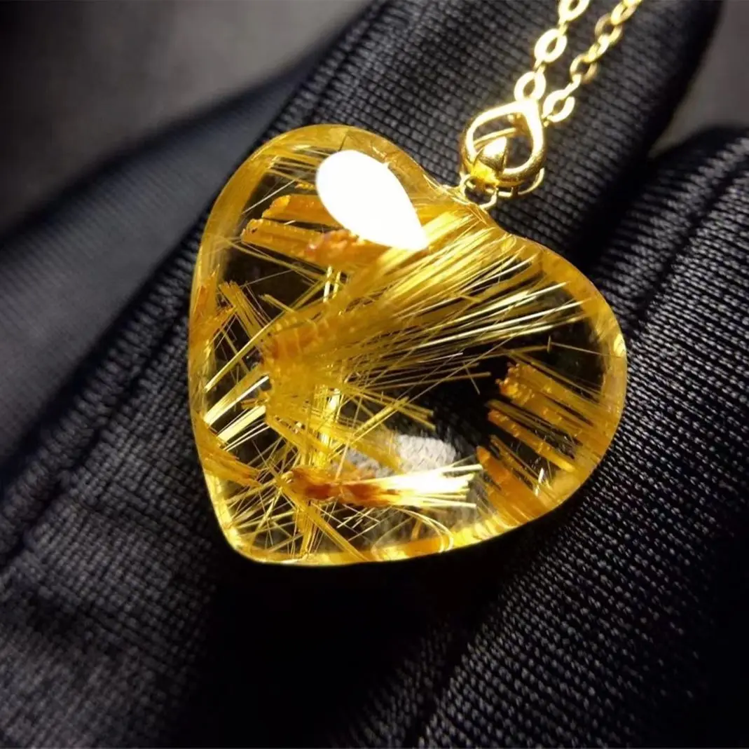 

Natural Gold Rutilated Quartz Pendant 18K Gold For Woman Man Beauty Gift Clear Crystal 18x16xmm Beads Gemstone Jewelry AAAAA