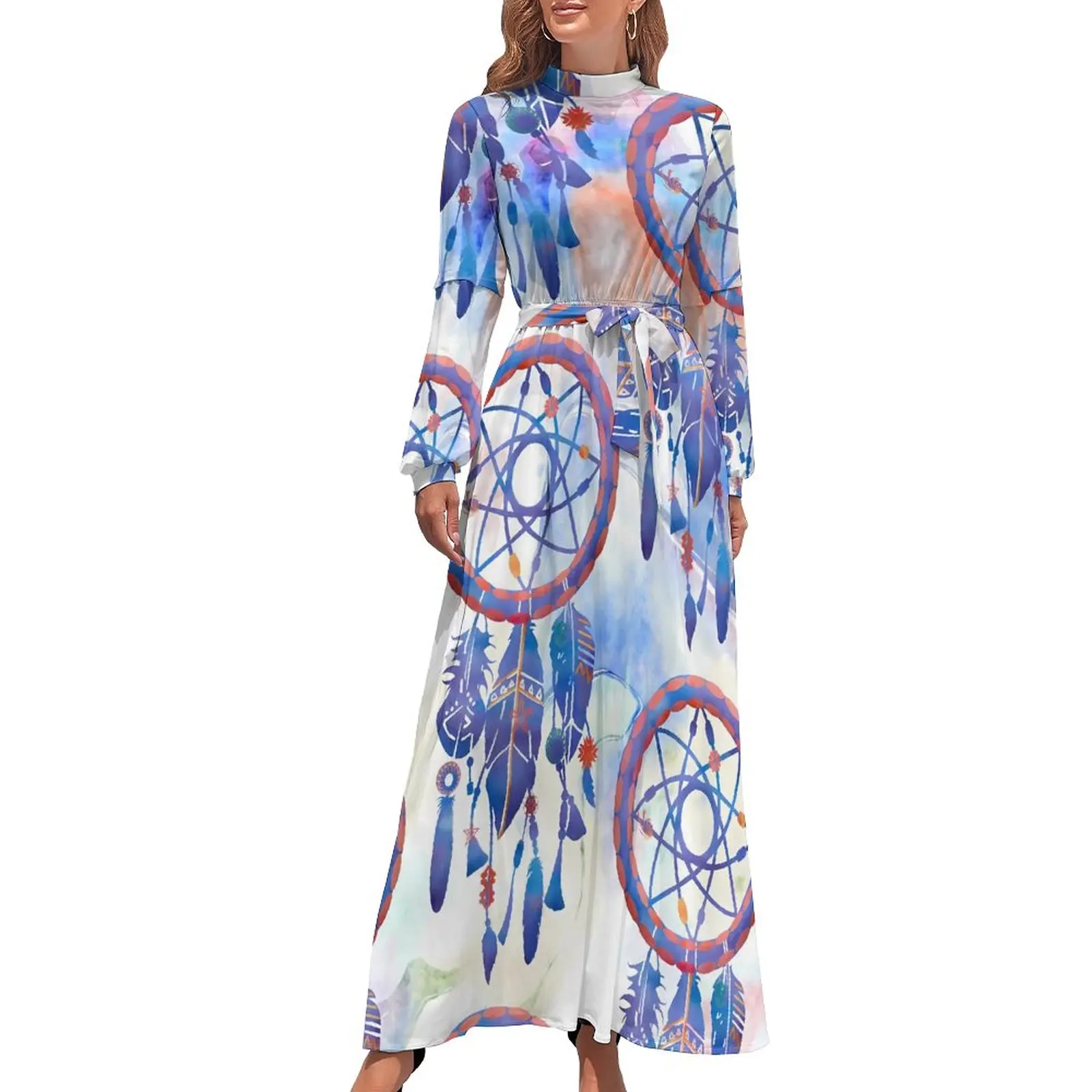 

Blue Dream Catcher Dress Long Sleeve Modern Boho Print Elegant Maxi Dress High Neck Fashion Custom Beach Long Dresses Gift Idea