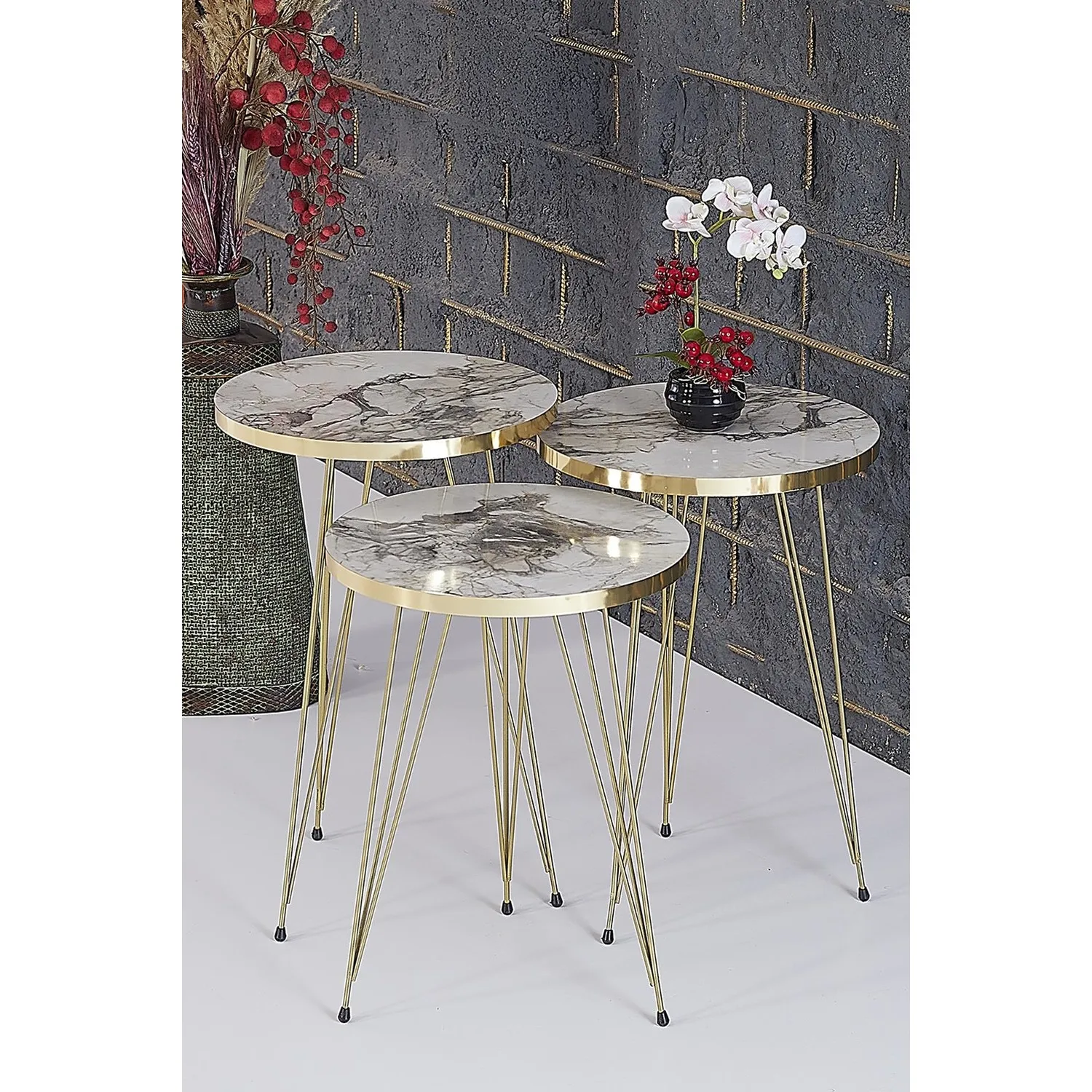 

Marble Patterned Metal Leg Wood Coffee Table Set 3pcs Tables Home for life living room desks lounge furniture bedside corner