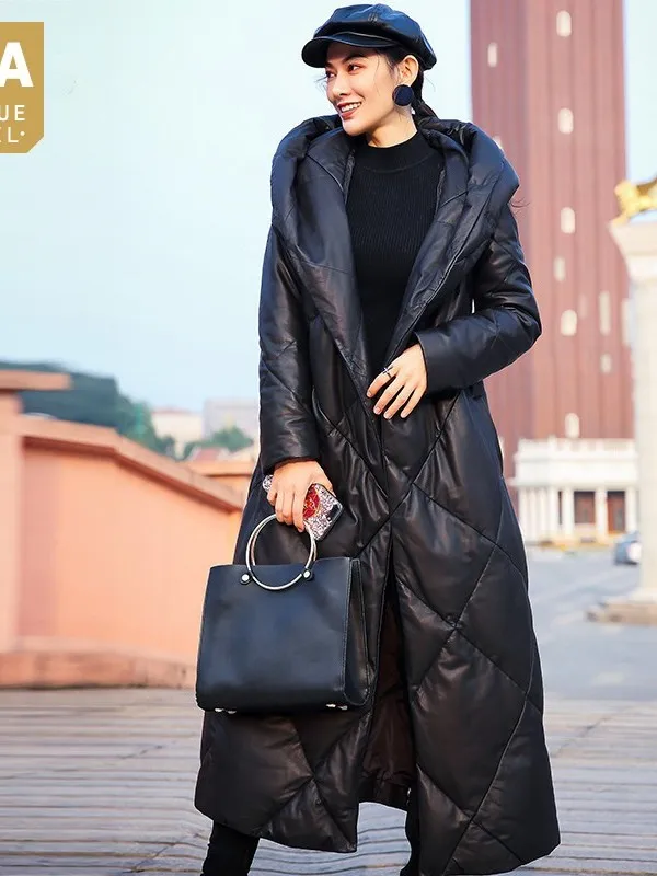 

Leather Natural Winter Down Women Jacket Luxury Streetwear Belt Thick Hooded Jacket Female Casual Office Sheepskin Long Coat