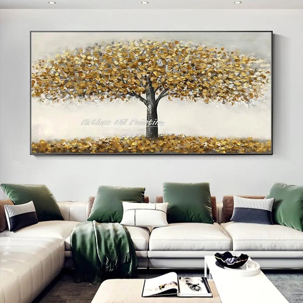 

Arthyx Hand Painted Thick Texture Tree Oil Paintings On Canvas Modern Abstract Golden Wall Art Pictures For Room Home Decoration