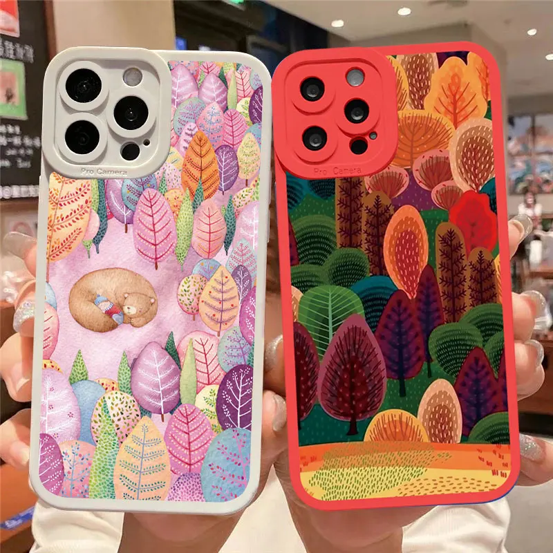 

Colorful Tropical Forest Leaves Trees Hand Printed Phone Case For iphone X XS XR 7 8 Plus 11 12 13 14 Pro Max Soft Silicon Cover