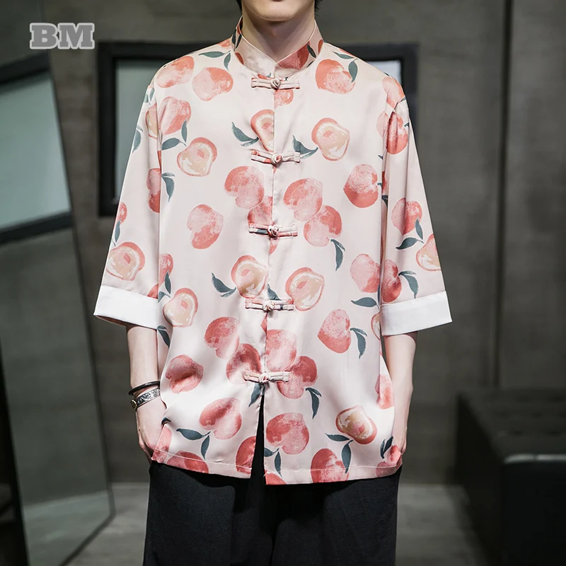 

Chinese Traditional Dress Summer Thin Peach Pattern Ice Silk Tang Suit Plus Size Short Sleeve Shirt Tai Chi Kung Fu Clothing