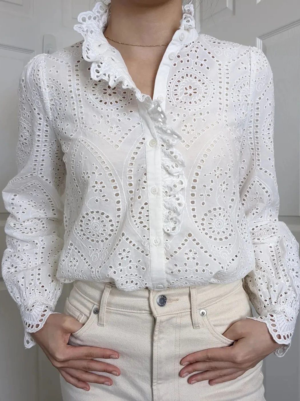 

France Elegant White Shirt Blouse Women Ruffle Trim V Neck Long Sleeve Hollow Chic Cardigan Top Cotton Casual Office Lady Shirts