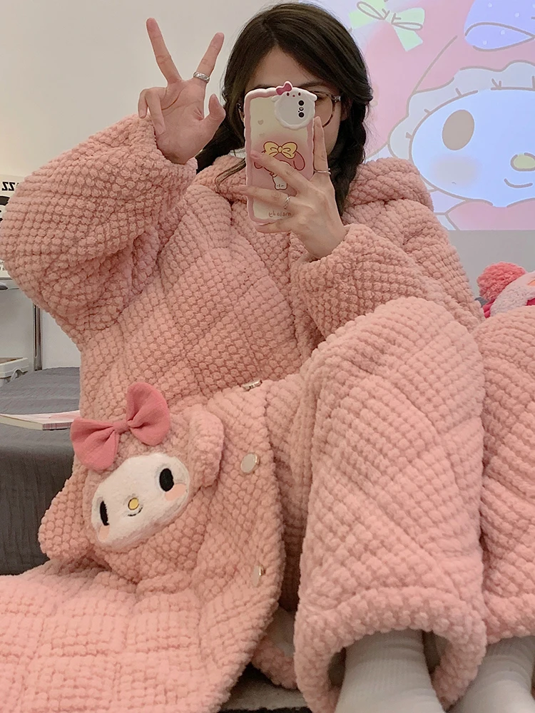 

Kawaii Sanrios My Melody Cinnamoroll Kuromi Коралловая флисовая Пижама Милая мультяшная аниме Длинная зимняя теплая Пижама домашняя одежда комплект подарок
