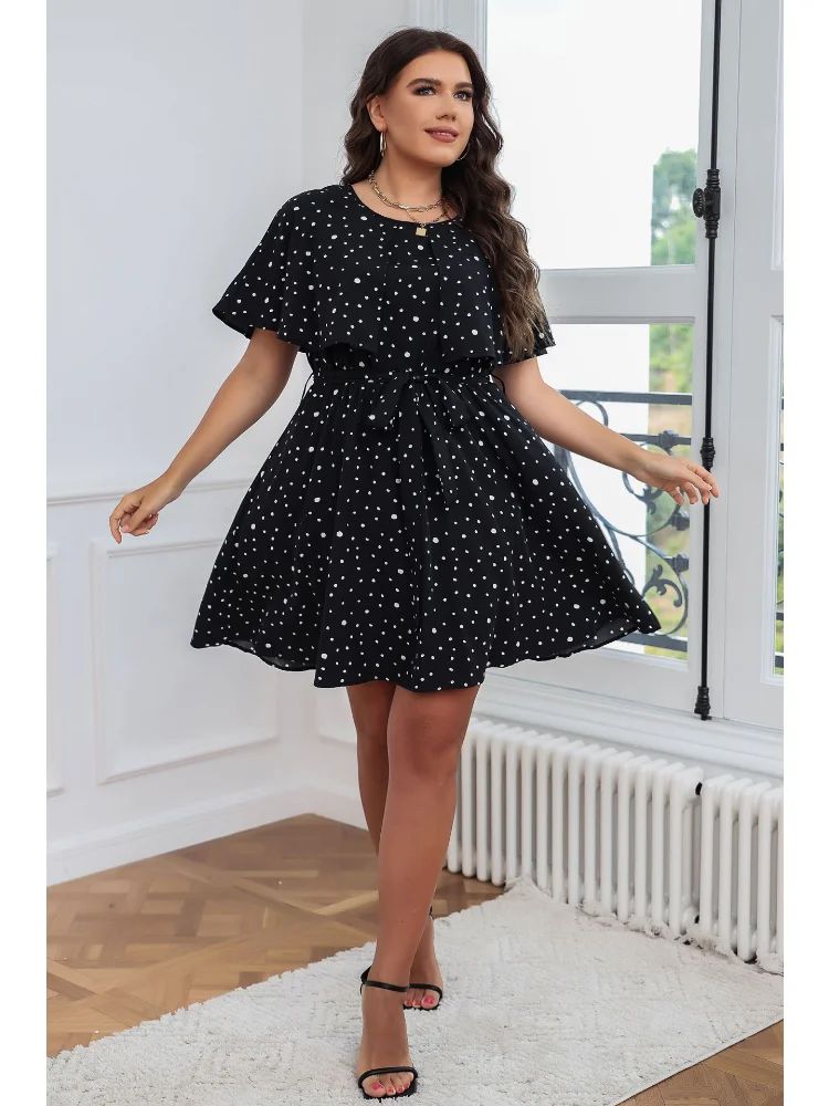 Summer new plus-size women fat mm French polka-dot slimming dress is the first slimming dress plus size women clothing