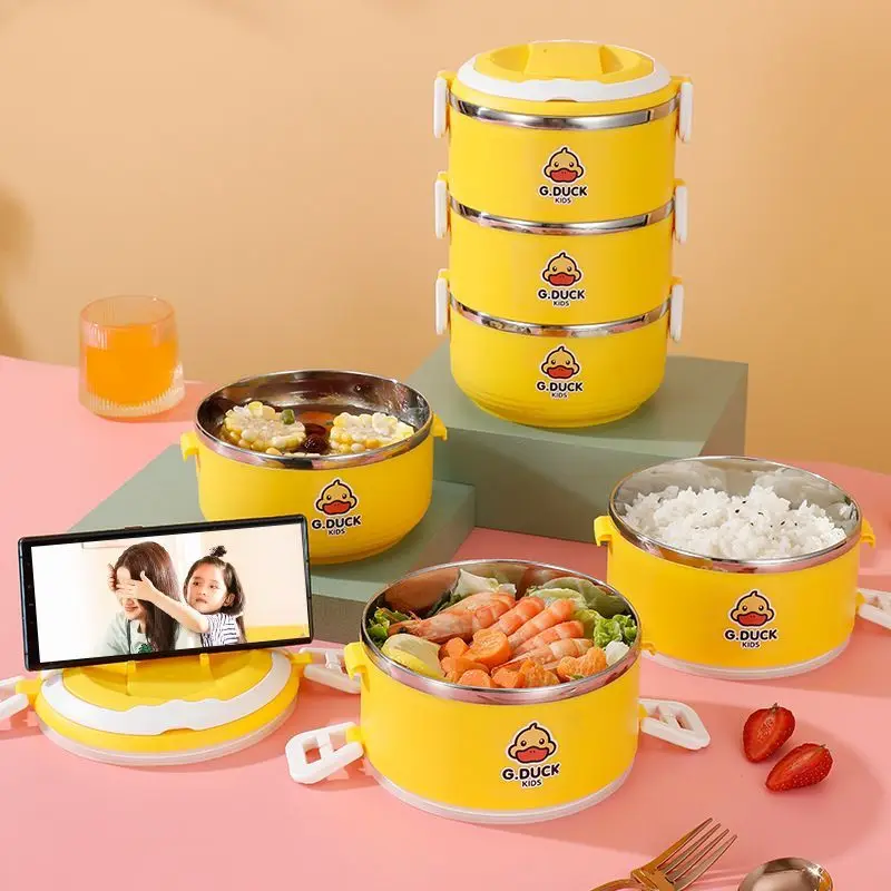 

Hello Yellow Duck Thermos Lunch Box 304 Stainless Steel Double-Layer Bento Boxes for Students and Office Worker Dinnerware Set