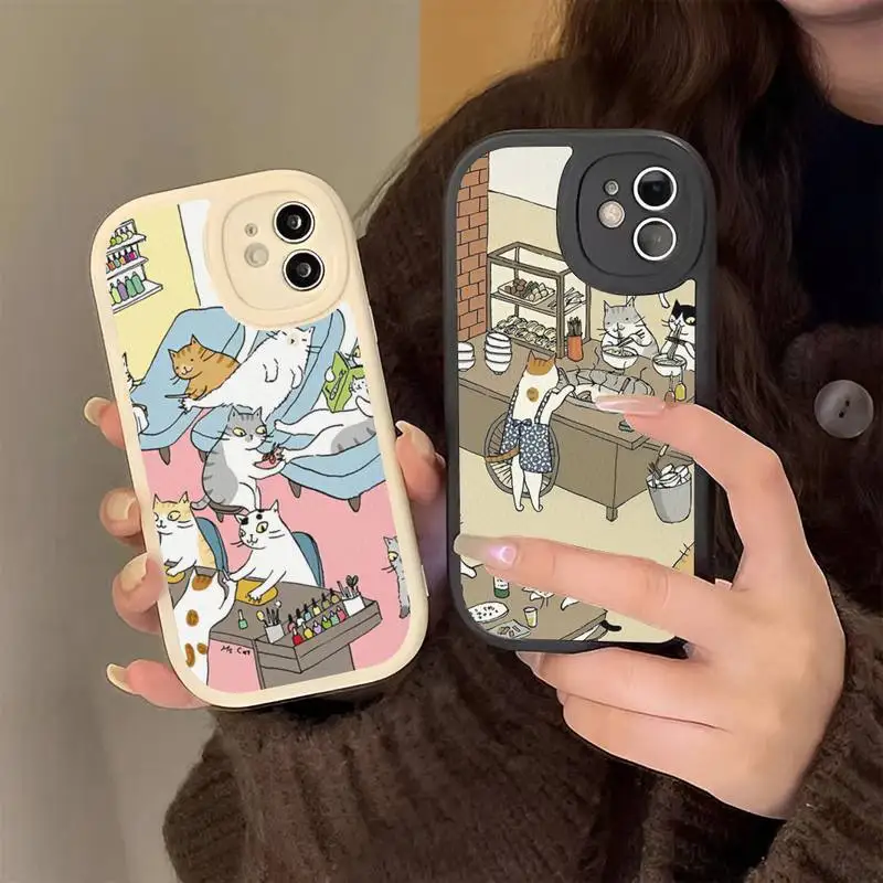 

Japanese Cat Drink Phone Case Hard Leather Phone Case for iPhone 13 12 Mini 11 14 Pro Max Xs X Xr 7 8 Plus 6 6s Se 2022 silicone