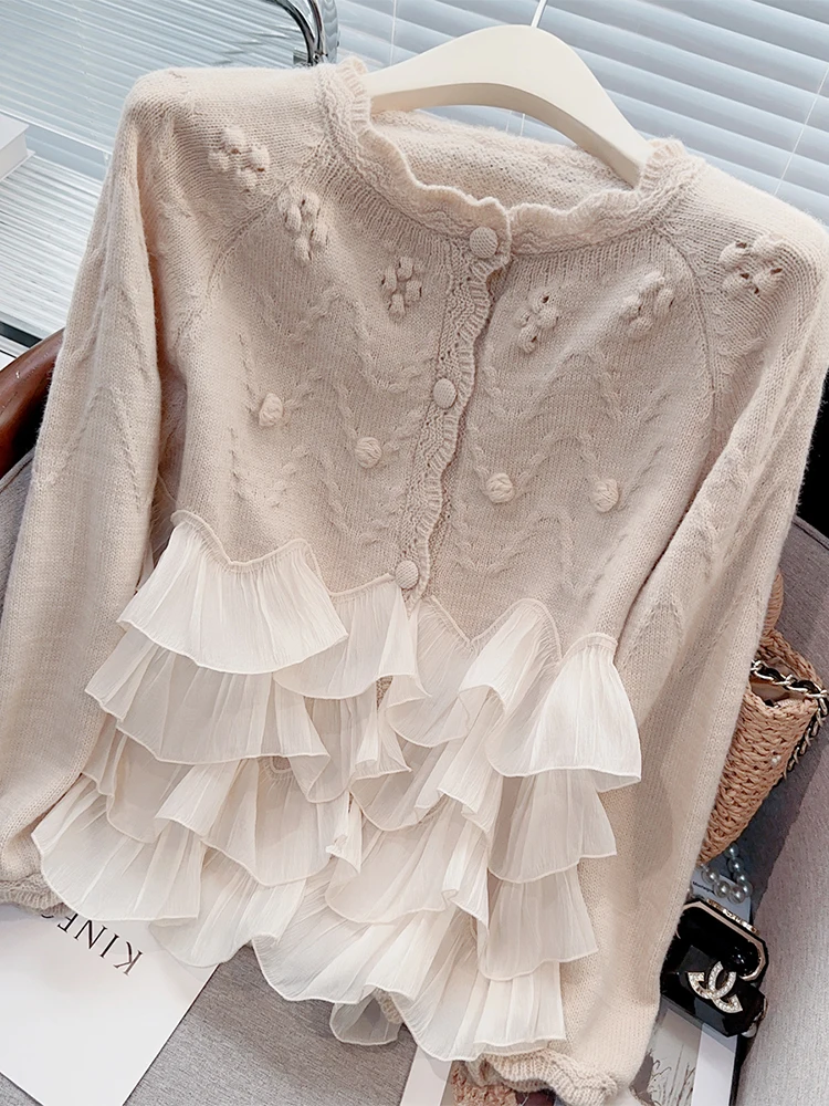 Женский абрикосовый кардиган роскошный сетчатый свитер Harajuku Y2k вязаные