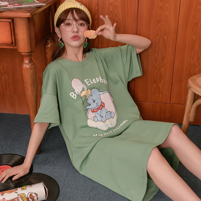 Disney Cartoon Dumbo Cute Kawaii Cotton Night Sleepshirts for Women Short Sleeve Loose Sleepwear Home Service Nightgown Summer
