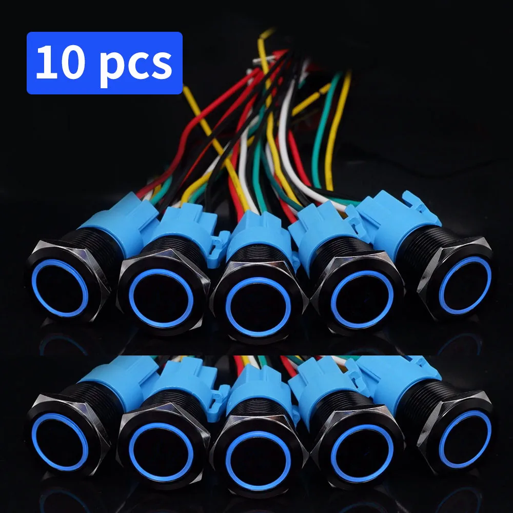 

Черные металлические кнопочные переключатели PRONCH 10 шт., 16/19/22 мм, водонепроницаемые, с подсветкой, красный