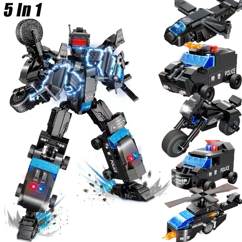 

5 IN 1 City SWAT Military Robot Helicopter Building Blocks WW2 Soldier Weapon Model Bricks Toys For Kid Birthday Gift MOC