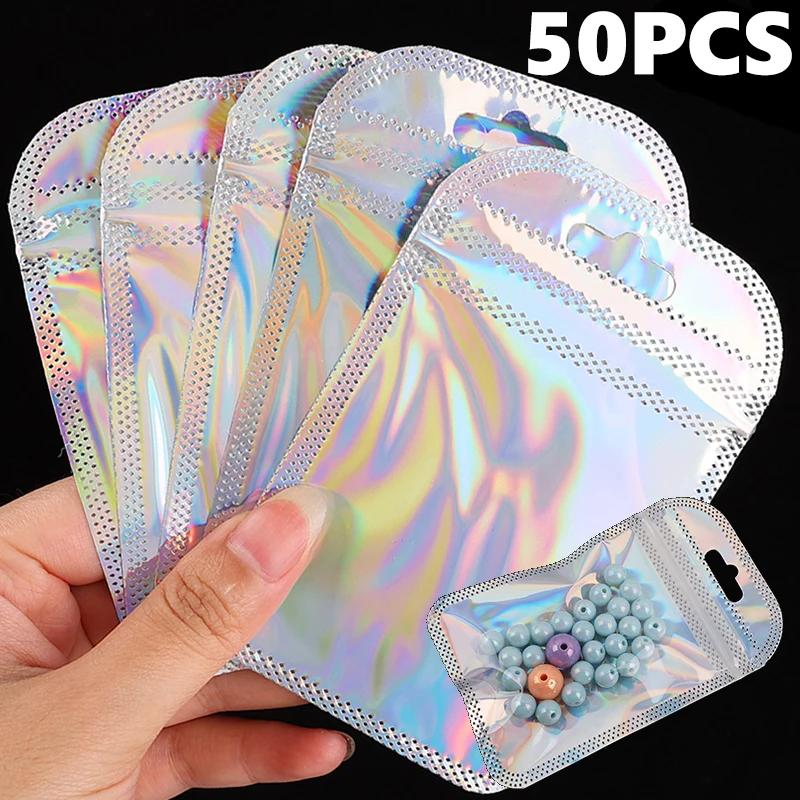 

50Pcs Self Sealing OPP Bags Pouches Laser Iridescent Zipper Bag Resealable Packaging Jewelry Organizer Retail Bag Pouches Bags