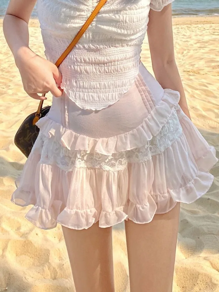 

Милая розовая мини-юбка ADAgirl для женщин, японская Милая трапециевидная юбка в стиле "Лолита", кружевная сетчатая Лоскутная юбка с высокой талией и оборками Y2k