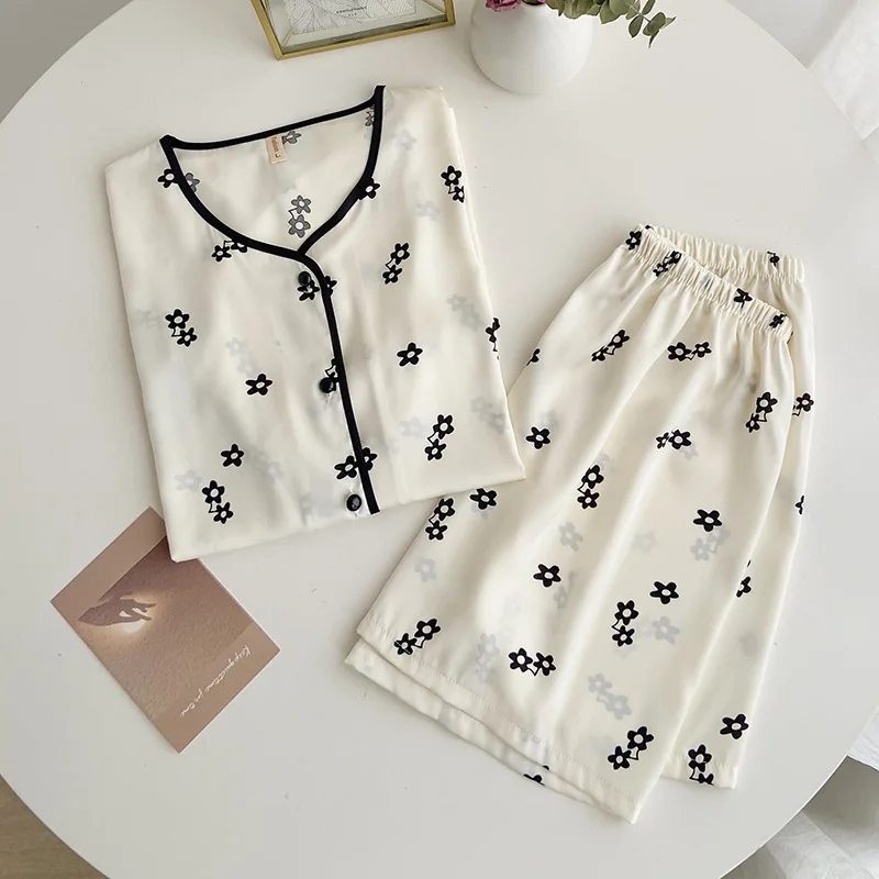 

2PCS Pajamas Suit With Bow Summer New Satin Nightwear Home Clothing Intimate Lingerie Sweet Girl Short Sleeve Sleep Set