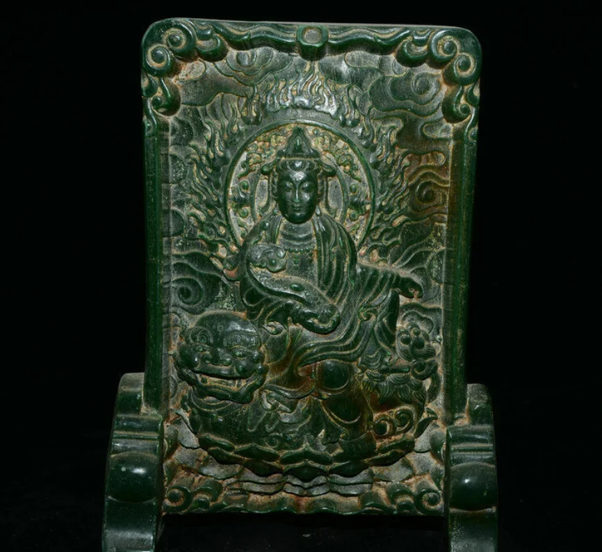 9 6-дюймовая старая китайская зеленая нефритовая резная статуя богини Веншу Гуань