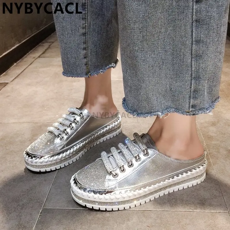 Crystals Round Toe Leather Flats Shoes Women Silver Bling Loafers Couple Platform Shoes Woman Flat With Students Size 41 42 43