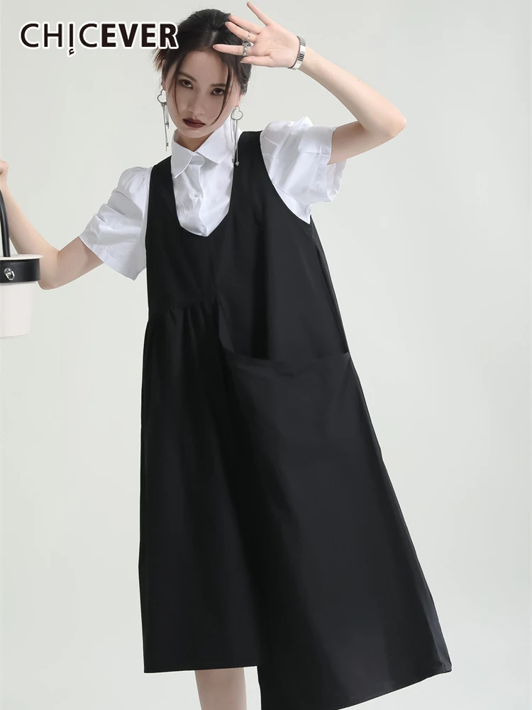 

CHICEVER Patchwork Irregular Dress For Women Lapel Short O Neck Sleeveless Loose Midi Dresses Female 2022 Summer Fashion Clothes