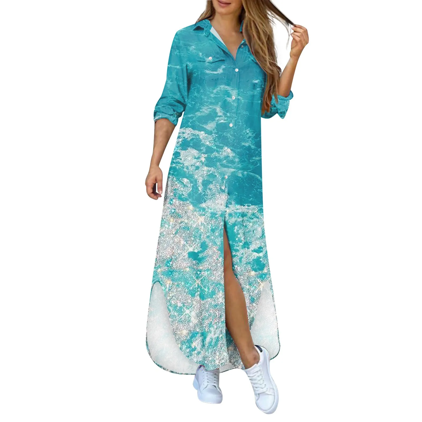 

Elegant Long Dresses For Women 2023 Summer Sexy Casual Print Long Sleeve Loose Slit Maxi Dresses Button Down Vestidos Para Mujer