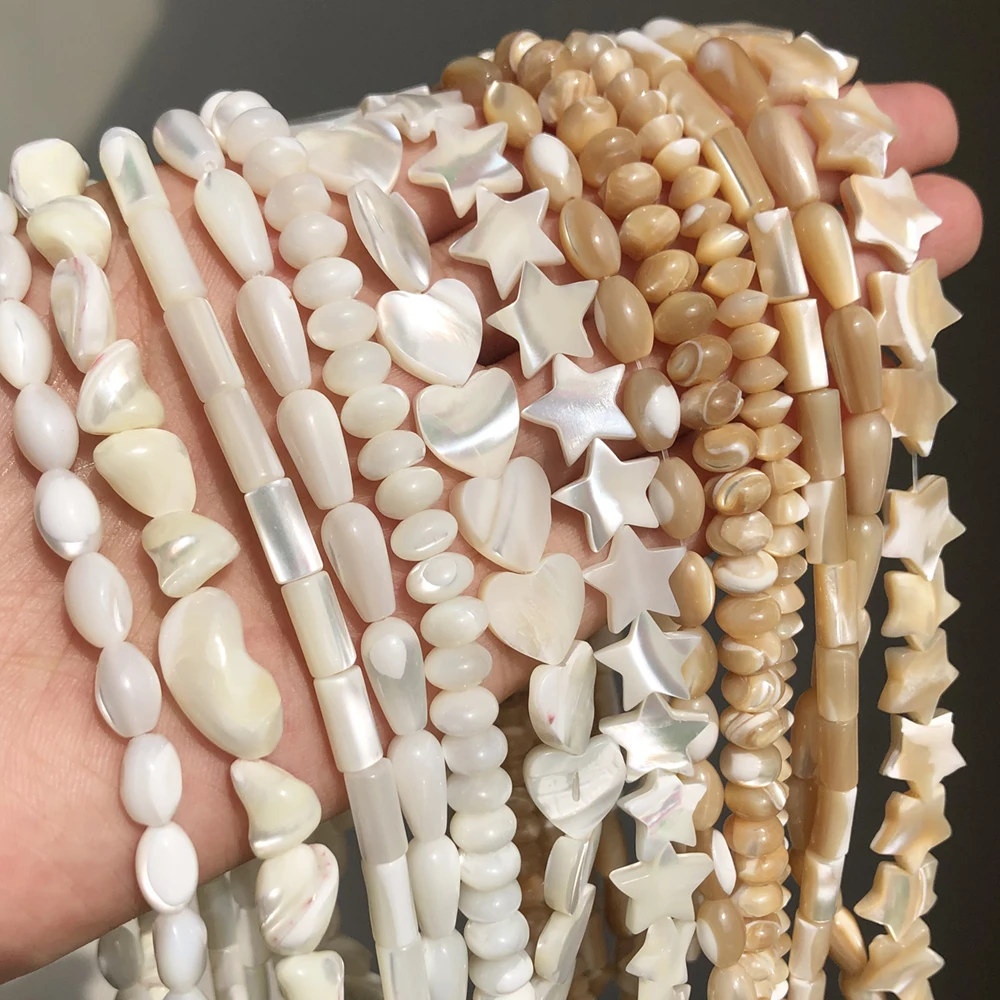 

Natural White Mother of Pearl Shell Beads Rondelle Heart Oval Round Freshwater Shell Beads For DIY Jewelry Making Bracelet 15''