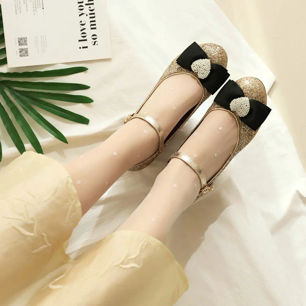 Sweet and Lovely College Style Lolita Shoes Luxe Glitter Fabric Comfy French Low-Heel, Pearl Bow with Heart Butterfly Design