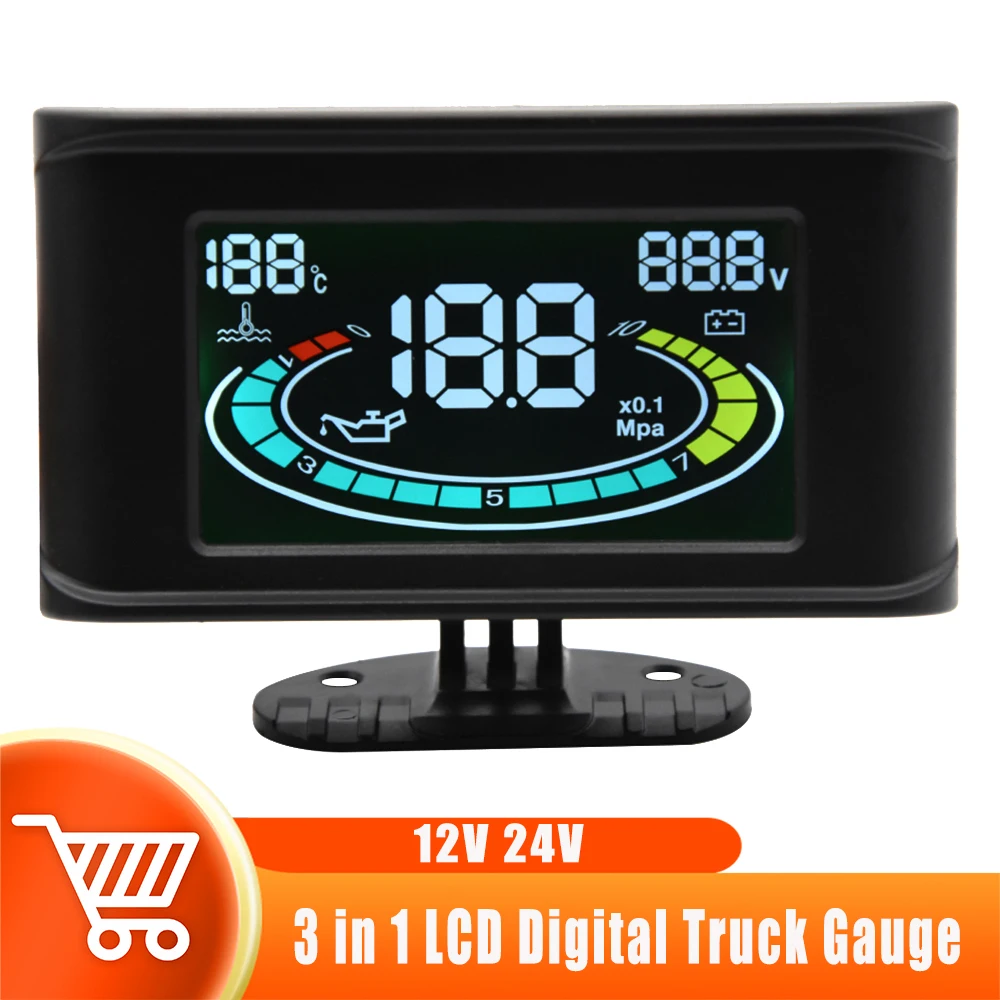 

Манометр давления масла автомобиля, датчик температуры воды, вольтметр 3 в 1, ЖК-дисплей, датчик давления масла 1/8 NPT, многофункциональный манометр