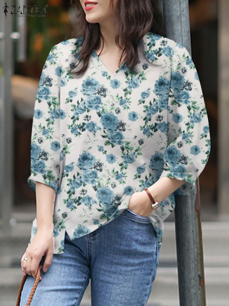 Блузка ZANZEA женская с цветочным принтом Элегантная модная офисная туника рукавом