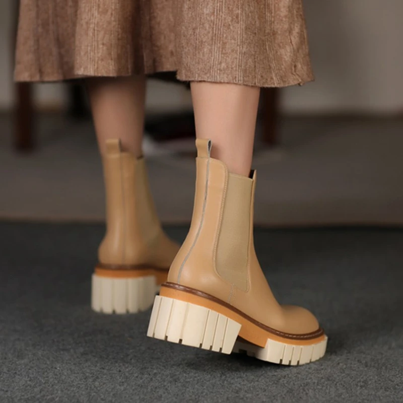 

New Fall Shoes Round Toe Platform Shoes for Women 2021 Fashion Women Boots Cow Leather Thick Heel Boots Women Winter Shoes Women