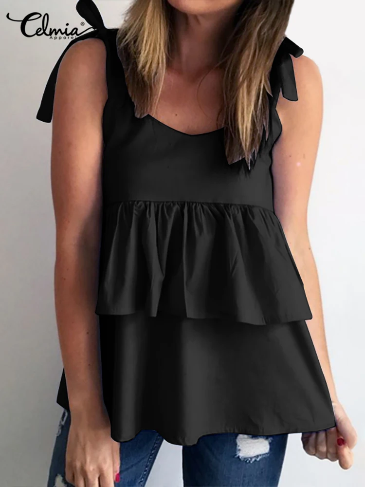 

2022 Women Sleeveless Blouses Summer Celmia Patchwork Ruffle Tunics Sexy Party V Neck Tops Casual Loose Bandage Straps Blusas