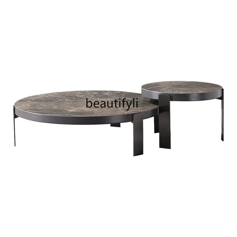 

cqy Modern Light Luxury round Tea Table Small Apartment Stone Plate Italian Minimalist Style