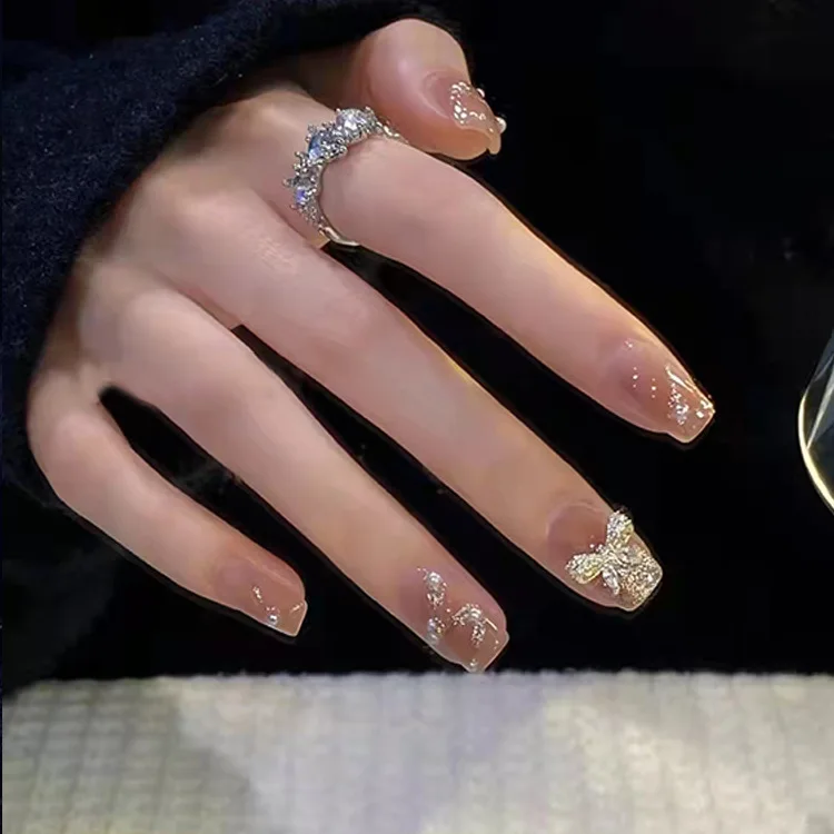 

24pcs Wearable naked color on Fake Nails Tips With Glue false nails design Butterfly Lovely Girl false nails With Wearing Tools