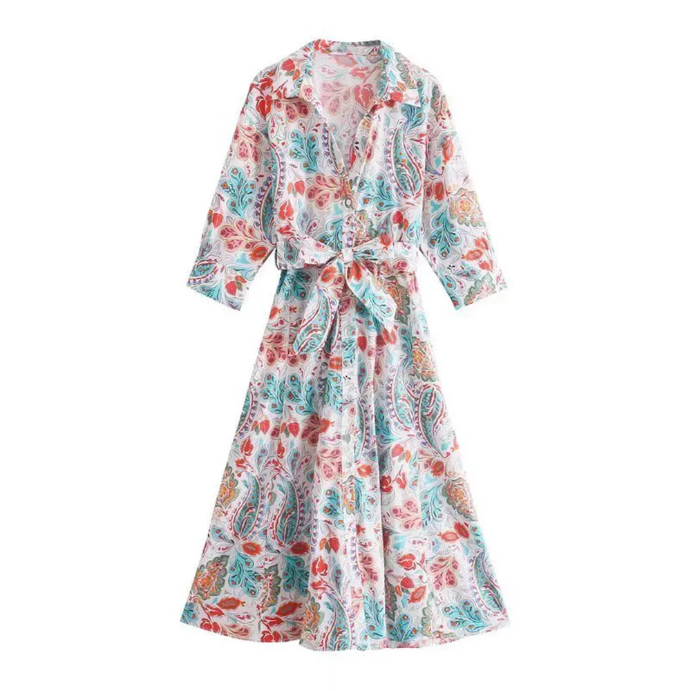 

Dress2022 летнее Новое модное тонкое платье из поплина с цветочным принтом и поясом с рукавом три четверти однобортная длинная юбка для женщин