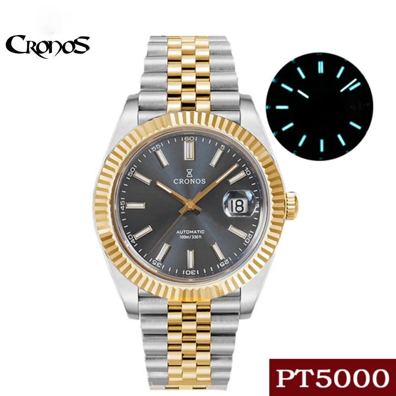 

Cronos Automatic Watch Men Business Mechanical Wristwatch Stainless Steel PVD Case 100m Water Resistant Sapphire Crystal