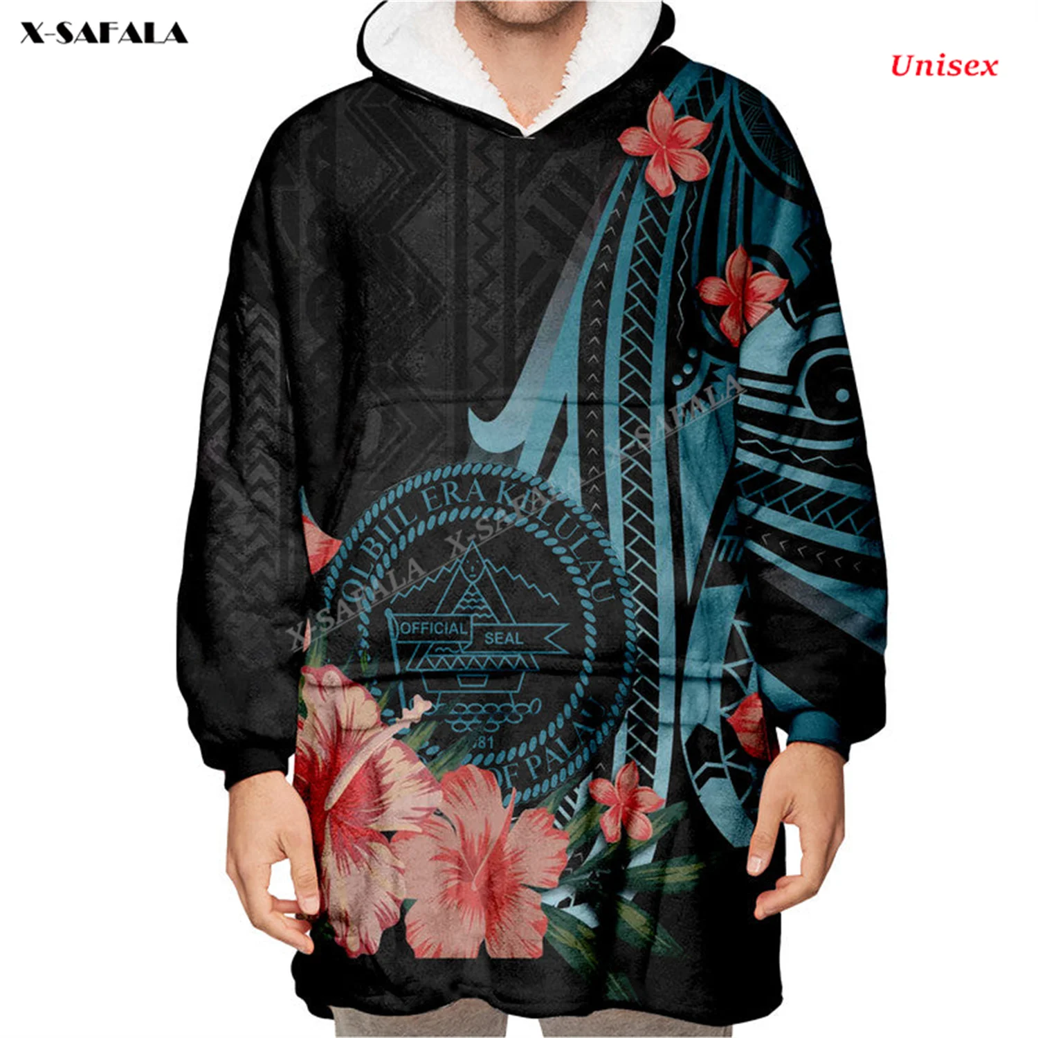 Palau Turquoise Polynesian Hibiscus Oversized Hooded Wearable Blanket Robes Flannel Cotton Pocket Men Female Sleepwear Pajamas