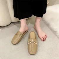 retro sling back block low heels for women hanged metal genuine leather women mules shallow working casual shoes woman heels