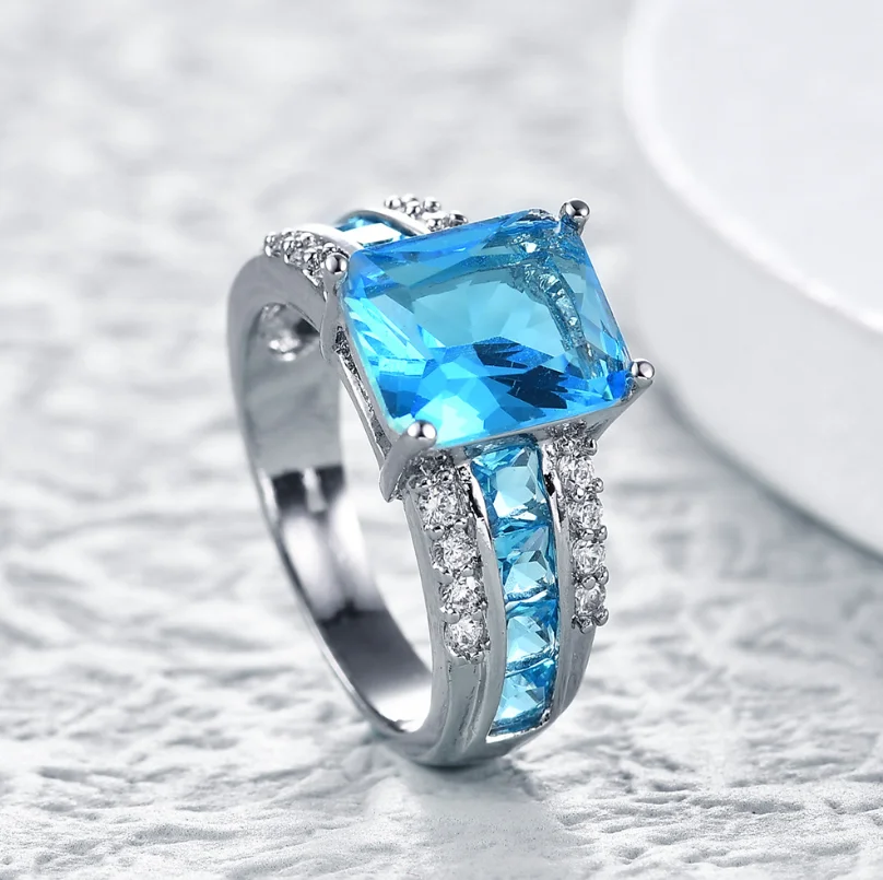 

ANGLANG Luxury Big Square Blue AAAAA+ Zicon for Women/Men with Brilliant CZ Couple Rings Wedding Engagement Fashion Jewelry