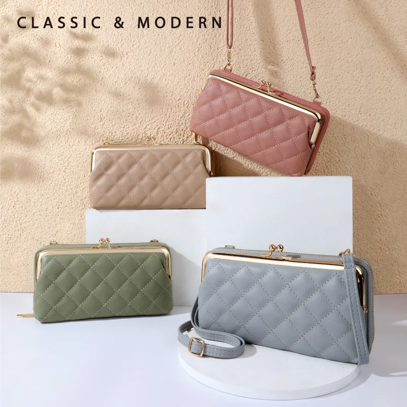 

Women Fashion Quilted Multi Pockets Handbag Shopping Zipper Mobile Phone Card Purse Lattice Embroidery Line Diagonal Bag