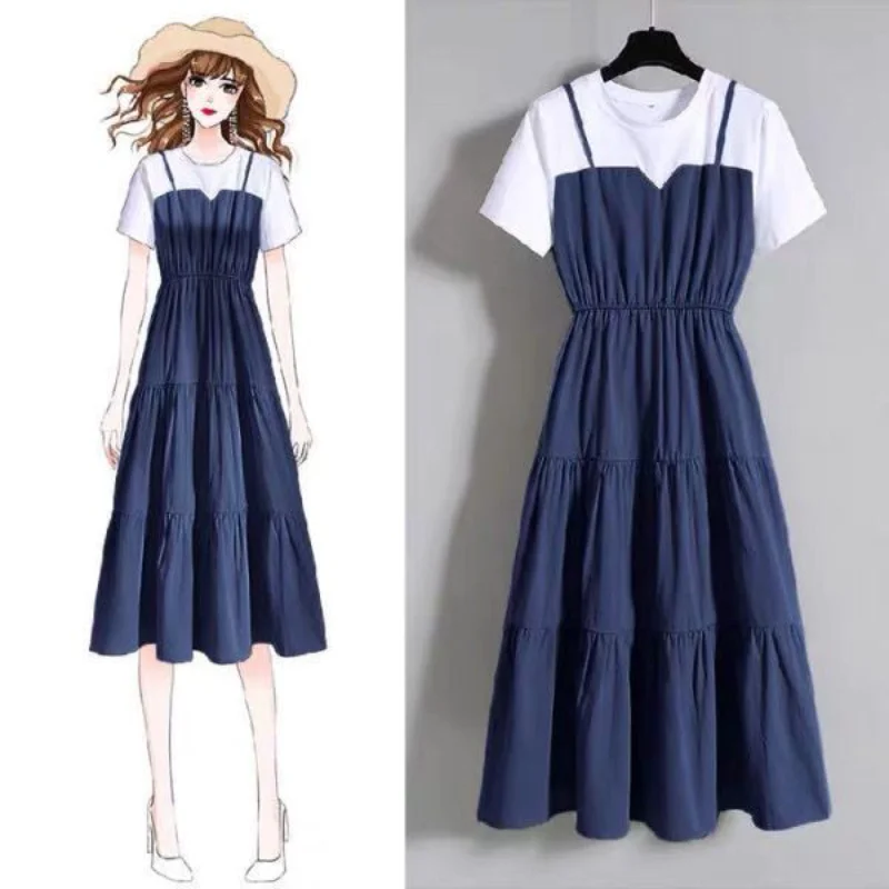 

Women Vintage High Waist Round Neck Splicing Dress Streetwear Elegant Slim Large Size Pleated Short Sleeve Casual Dress