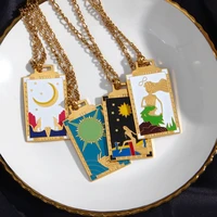 stainless steel tarot cards pendant necklace for women colorful enamel moon star sun square necklace hiphop vintage jewelry gift